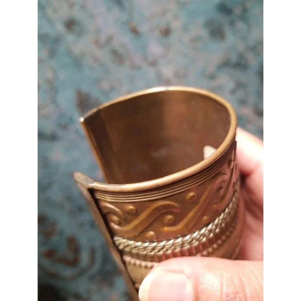 Vintage wide pure brass mixed metal cuff bracelet